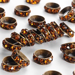 Perles séparateurs en laiton avec strass, Grade a, rondelle, métal couleur bronze antique, café, 10x4.2mm, Trou: 4.2mm