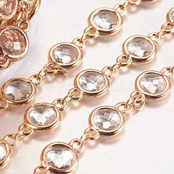 Brass Handmade Beaded Chains, Soldered, with Spool, Long-Lasting Plated, Cadmium Free & Lead Free, with Cubic Zirconia, Flat Round, Light Gold, 12.5x7.5~8x3mm, about 16.4 Feet(5m)/roll