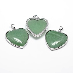 Heart Platinum Plated Brass Natural Green Aventurine Pendants, Cadmium Free & Lead Free, 36x31x7mm, Hole: 4x8mm