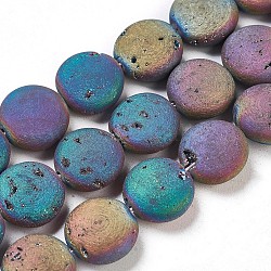 Electroplated Natural Quartz Crystal Beads Strands, Druzy Geode Crystals, Flat Round, Multi-color Plated, 11.5~12.5x5mm, Hole: 1.2mm, about 16pcs/strand, 7.59 inch(19.5cm)