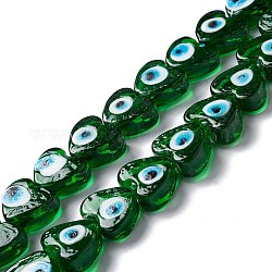 Main mal de perles au chalumeau des yeux, cœur, verte, 14.5~15x15.5~16x6.5~7.5mm, Trou: 1~1.6mm, Environ 25 pcs/chapelet, 14.02~13.66 pouce (34.7~35.6 cm)