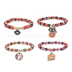 4Pcs 4 Style Halloween Theme Evil Eye Lampwork & Synthetic Turquoise Skull Stretch Bracelets Set, Alloy Enamel Fangs Mouth & Cake & Eyeball & Cat Charms Stackable Bracelets for Women, Mixed Color, Inner Diameter: 2-1/8 inch(5.3cm), 1Pc/style