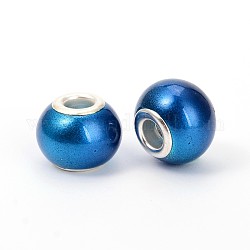 Spray Painted Glass European Beads, Large Hole Rondelle Beads, with Silver Tone Brass Cores, Blue, 14x11mm, Hole: 5mm