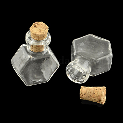 Botella de cristal hexagonal para los contenedores de abalorios, con tapón de corcho, deseando botella, Claro, 25x20x11mm, agujero: 6 mm, cuello de botella: 9.5~10 mm de diámetro, capacidad: 1.5ml (0.05 fl. oz)