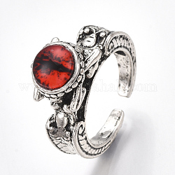 Сплав манжеты кольца пальцев, со стеклом, широкая полоса кольца, драконий глаз, античное серебро, красные, размер США 8 1/2 (18.5 мм)