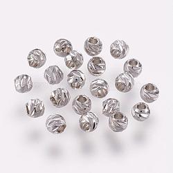 Perles de laiton gravés, Plaqué longue durée, ronde, Platine plaqué réel, 3.5~4x3mm, Trou: 2mm