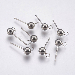 304 Stainless Steel Ball Stud Earring Findings, with Loop, Round, Stainless Steel Color, 17mm, Hole: 2mm, Pin: 0.8mm