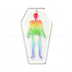 Pendentifs acryliques imprimés, pour halloween, cercueil avec breloque squelette, colorées, 45x24x3mm, Trou: 1.8mm