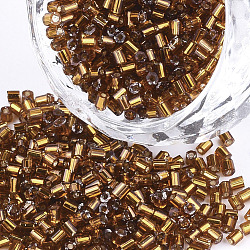 Grado a perline di semi di vetro, esagono (due tagli), argento rivestito, goldenrod, 1.5~2.5x1.5~2mm, Foro: 0.8 mm, circa 2100pcs/scatola, 450 g / borsa