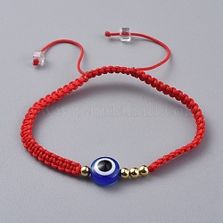 Bracelets de perles tressées en fil de nylon, bracelets ficelle rouge, avec des perles de résine mauvais œil et des perles en laiton, or, rouge, 2-1/8 pouce ~ 3-1/8 pouces (5.3~8 cm)
