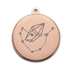 304 подвески из нержавеющей стали, плоский круглый со звездой и бриллиантом, розовое золото , 28x25x1.4 мм, отверстие : 2 мм