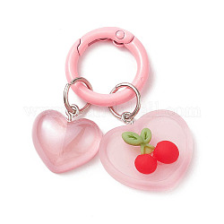 Porte-clés en résine lumineuse, avec les principaux anneaux de fer, brillent dans le noir, coeur & coeur avec cerise, perle rose, 2.1x1.8 cm