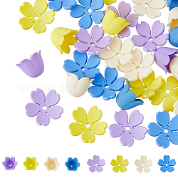 Hobbieasy 80 Stück, 8 Stile, undurchsichtige Acryl-Blütenblätter, Blumen-Perlenhüte, 4 Farben, Gänseblümchen-Tulpen-Perlenendhüte, sortiert, matt gefrostet, Trompetenblume, lose Perlenenden für DIY-Schmuckherstellung, Loch 1.3 mm