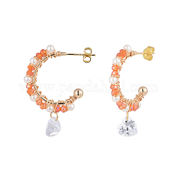 Dangle Stud Earrings, Half Hoop Earrings, with Glass Beads, Glass Pearl Beads, Clear Cubic Zirconia Charms, Real 18K Gold Plated Brass Stud Earring Findings and Ear Nuts, Heart, Dark Orange, 35mm, Pin: 0.7mm