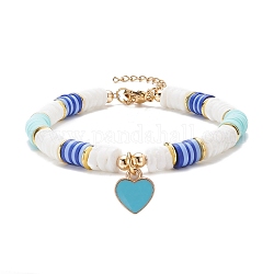 Braccialetto di fascino del cuore, Bracciale da surfista heishi in argilla polimerica, gioielli preppy per le donne, oro, blu, 7-5/8 pollice (19.4 cm)