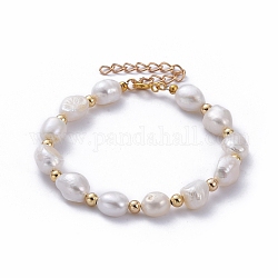 Natural Baroque Pearl Keshi Pearl Beaded Bracelets, with Iron Chain Extender, Brass Beads and Spring Ring Clasps, Golden, 7-3/8 inch(18.6cm)