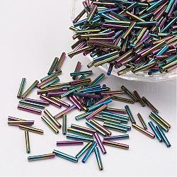 Perles de bugle en verre, iris, colorées, 12x2mm, trou: 0.5 mm, environ 5000 PCs / sachet 