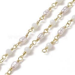 Perle di plastica fatte a mano e catene di perline abaco, con placcatura a cremagliera in ottone dorato, senza saldatura, con carta di credito, bianco, 14~14.5x3.5x3.5mm, 12.5~13x4x4mm