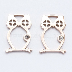 316 Stainless Steel Micro Pave Cubic Zirconia Links connectors, Owl, Clear, Rose Gold, 17x11x2mm, Hole: 2.5x3mm