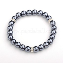 Perles de verre perles rondes Bracelet extensible, avec des perles de strass du Moyen-Orient en laiton plaqué argent, grises , 52mm