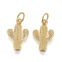 10Pcs Brass Pendants, with Jump Rings, Long-Lasting Plated, Cactus, Real 18K Gold Plated, 15x10x3mm, Hole: 3mm