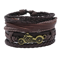 4 pièces 4 styles réglables tressés en simili cuir cordon ensembles de bracelets, bracelets empilables de moto en alliage pour hommes, brun coco, diamètre intérieur: 2~3-1/8 pouce (5~8 cm), 1pc / style