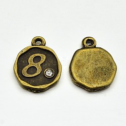 Plaqué bronze antique breloques alliage de strass, rond et plat avec num. 8, sans nickel, 13x10x1.5mm, Trou: 1mm