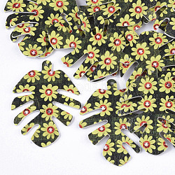 PUレザービッグペンダント  両面印刷  花柄  葉  ダークオリーブグリーン  55x43x2mm  穴：1mm