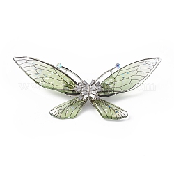 Broche de mariposa de resina brillante con rhinestone de cristal, insignia de aleación de platino para mujer, verde mar oscuro, 43.5x93.5x16mm, pin: 0.8 mm