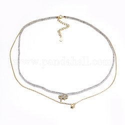 Faceted Natural Labradorite Tiered Necklaces, Layered Necklaces, with Brass Charms, Bowknot & Star, 15.7~16.3 inch(40~41.5cm)