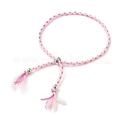 Adjustable Braided Cotton Cords Slider Bracelets Making, with Brass Beads, Platinum, Pink, 2-3/8~3-1/2 inch(6.2~9cm)