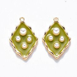 Brass Enamel Pendants, with ABS Plastic Imitation Pearl, Nickel Free, Rhombus, Real 18K Gold Plated, Yellow Green, 20x12.5x4mm, Hole: 1mm