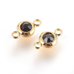 304 Stainless Steel Rhinestone Links connectors, Flat Round, Golden, Jet, 12x6.5x4mm, Hole: 2mm