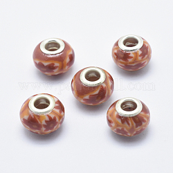 Handgemachte  europäischen Fimo-Perlen, mit versilberten Messingkernen, Großloch perlen, Unterlegscheibe mit Blumenmuster, Sattelbraun, 13~16x8~11 mm, Bohrung: 4.5~5 mm
