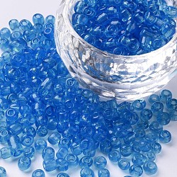 Glass Seed Beads, Transparent, Round, Round Hole, Deep Sky Blue, 6/0, 4mm, Hole: 1.5mm, about 500pcs/50g, 50g/bag, 18bags/2pounds