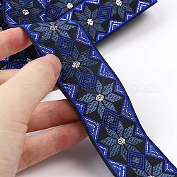 Ethnic Style Embroidery Polyester Ribbons, Jacquard Ribbon, Garment Accessories, Flower Pattern, Midnight Blue, 1-1/4 inch(33mm), about 7.44 Yards(6.8m)/Roll
