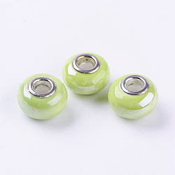 Rondelle vert jaune porcelaine fait main grand trou perles européennes, avec noyaux double de couleur argente en alliage , 15x11mm, Trou: 5mm