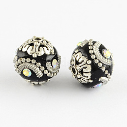 Round Handmade Grade A Rhinestone Indonesia Beads, with Alloy Antique Silver Metal Color Cores, Black, 16.5x17mm, Hole: 2mm