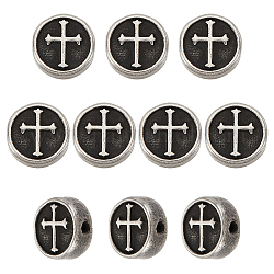 Unicraftale 10Pcs 304 Stainless Steel Beads, Flat Round with Cross, Antique Silver, 11x4.5mm, Hole: 2mm