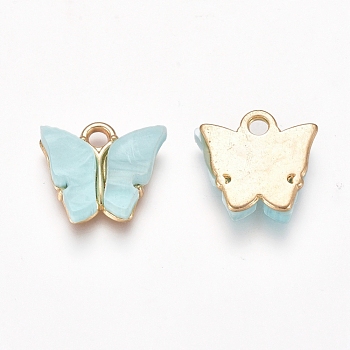 Acrylic Pendants, with Light Gold Plated Alloy Findings, Butterfly, Aqua, 12.2x14.2x3.2mm, Hole: 1.8mm
