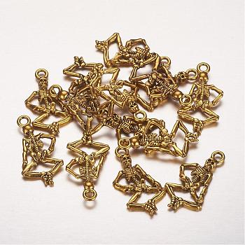 Punk Alloy Pendants, Cadmium Free & Lead Free, Human Skeleton Pendants for Halloween Jewelry Making, Antique Golden Color, about 26mm long, 13.5mm wide, 3.5mm thick, hole: 2mm