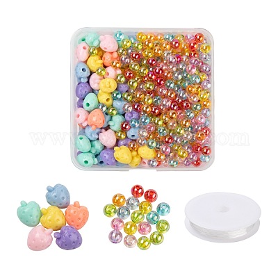 380 pièces perles acryliques fraises et rondes avec 1 rouleaux de fil de  cristal élastique transparent en gros pour création de bijoux 