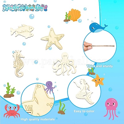 Незаконченные деревянные фигурки морских обитателей&nbsp;WOOD-CJC0010-02-1