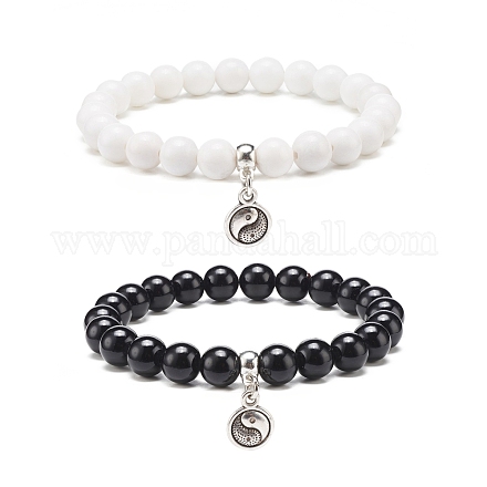 2 pièces 2 couleurs jade mashan naturel rond perlé bracelets extensibles sertis de breloques en alliage yin yang BJEW-JB08445-1