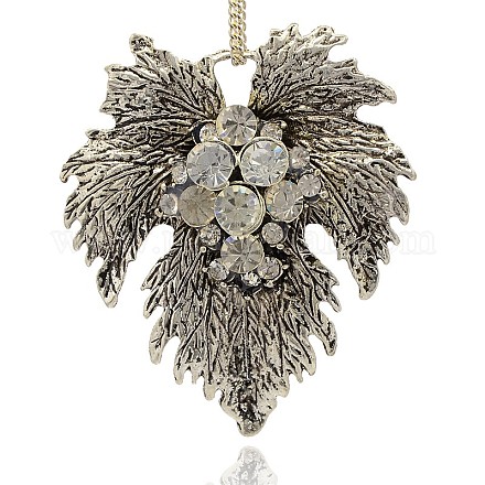 Antique Silver Alloy Crystal Rhinestone Maple Leaf Necklace Big Pendants ALRI-J047-01AS-1