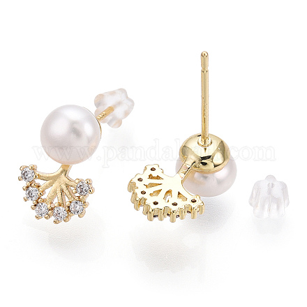 Clear Cubic Zirconia Tree of Life Stud Earrings with Natural Pearl PEAR-N020-06I-1