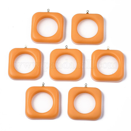 アクリルパーツ  樹脂と  ライトゴールドメッキ真鍮ループ付き  正方形  オレンジ  38x35x8mm  穴：1.5mm KY-N015-006A-1