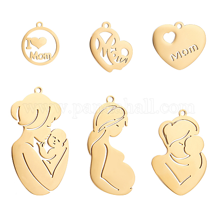 HOBBIESAY 6 Style Mother's Day 304 Stainless Steel Pendants 17.5-46mm Real 18K Gold Plated Mother and Child Charms Flat Round with Mother Charms Pendants for Jewelry Making Mother Gift STAS-PH0004-43-1