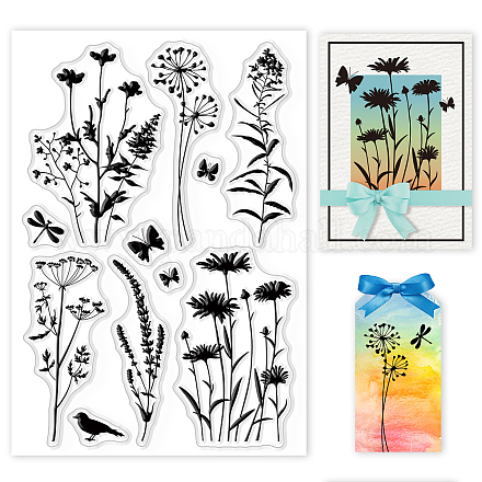 GLOBLELAND Plant Silhouette Clear Stamps Daisy Lavender Butterfly Silicone Clear Stamp Seals for Cards Making DIY Scrapbooking Photo Journal Album Decoration DIY-WH0167-56-972-1