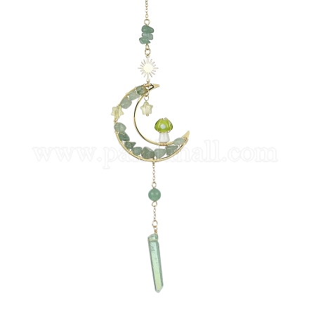 Scaglie di avventurina naturale verde avvolte in filo e decorazioni in ottone con pendente a forma di luna HJEW-TA00103-02-1